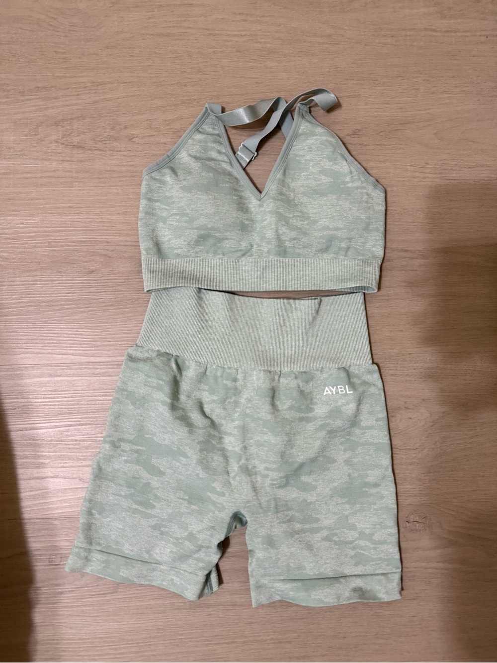 AYBL seamless workout set in light green camo print gym activewear athleisure